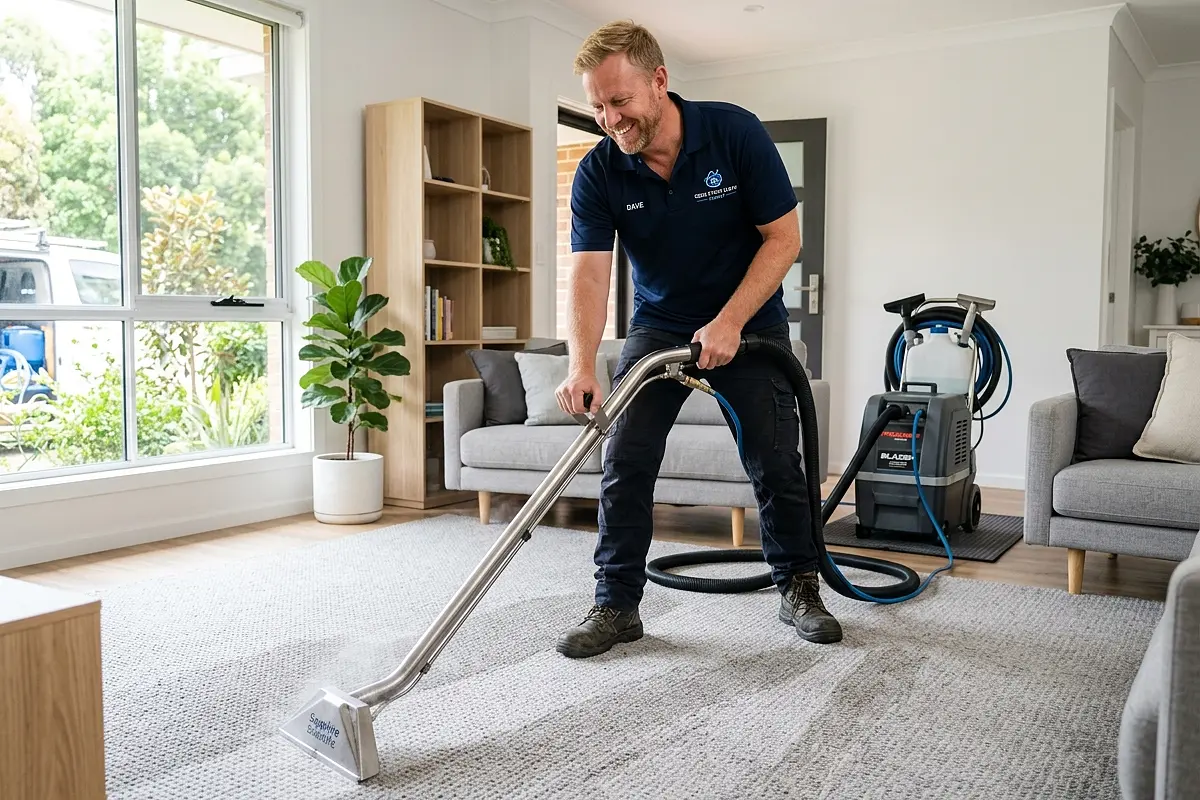 Carpet steam cleaning in progress in a home